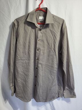 Eterna Mens Button-Up Dress Shirt in Light Gray Micro-Print, Size Large